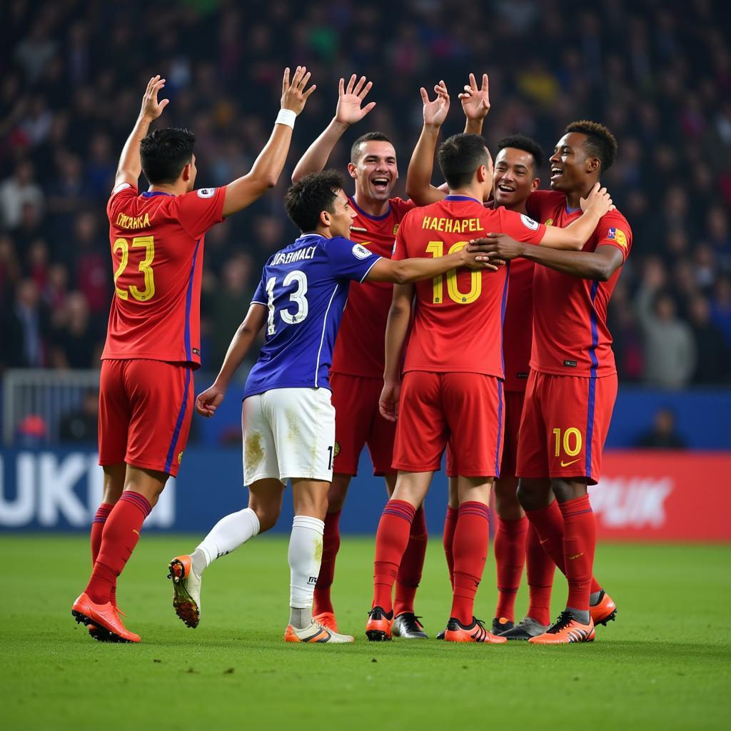 Football players celebrating a goal