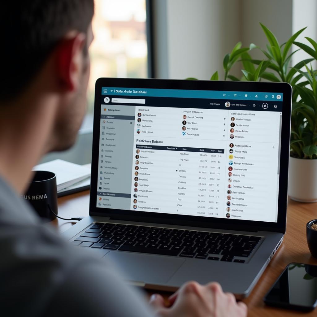 A person using a laptop to search for a football player in an online database