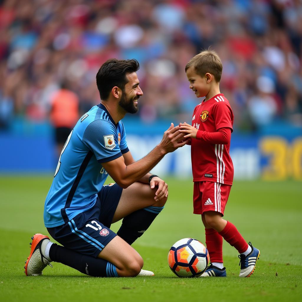 Football player interacting with young fan