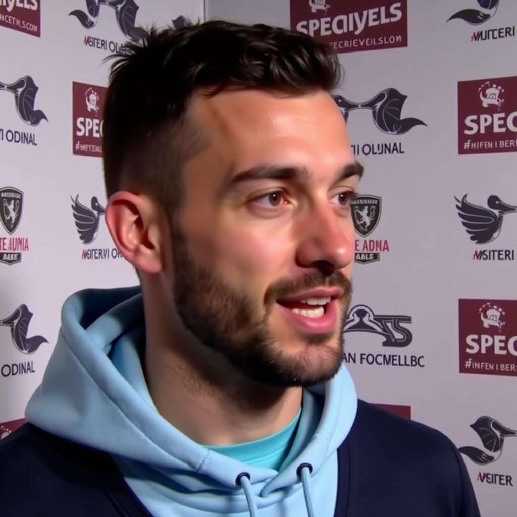 Football player being interviewed with a branded backdrop