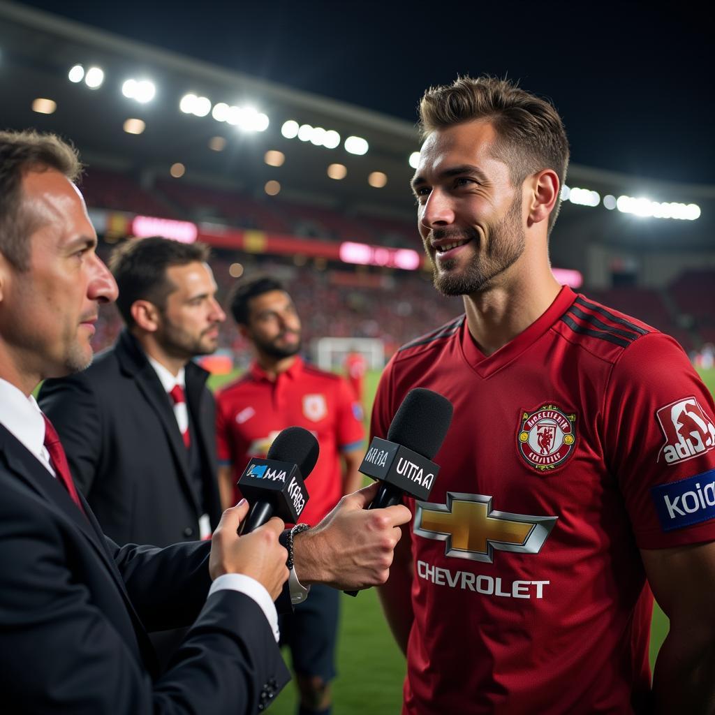 Football player being interviewed by the media