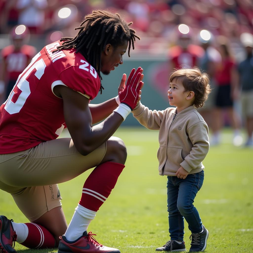 Football player interacting with a child before a game, inspiring dreams.