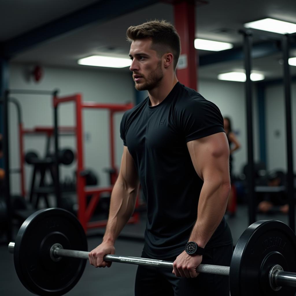 Football player lifting weights