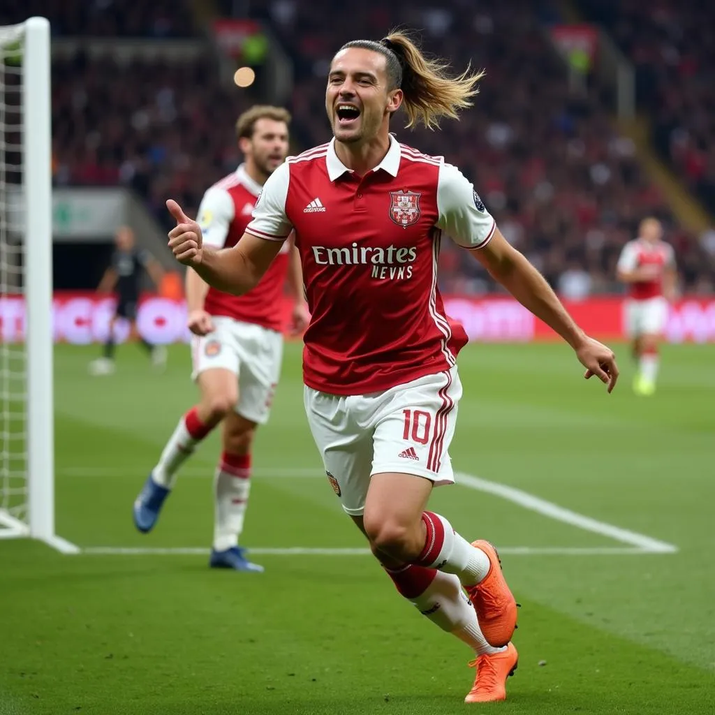 Footballer with a ponytail celebrating a goal