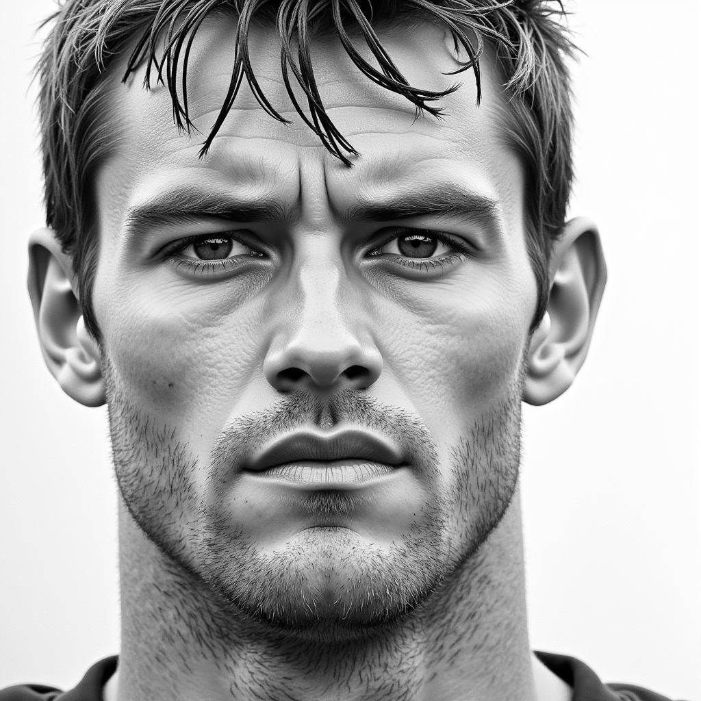 A detailed pencil sketch of a football player's face, capturing the intensity in their eyes and the determination on their face.