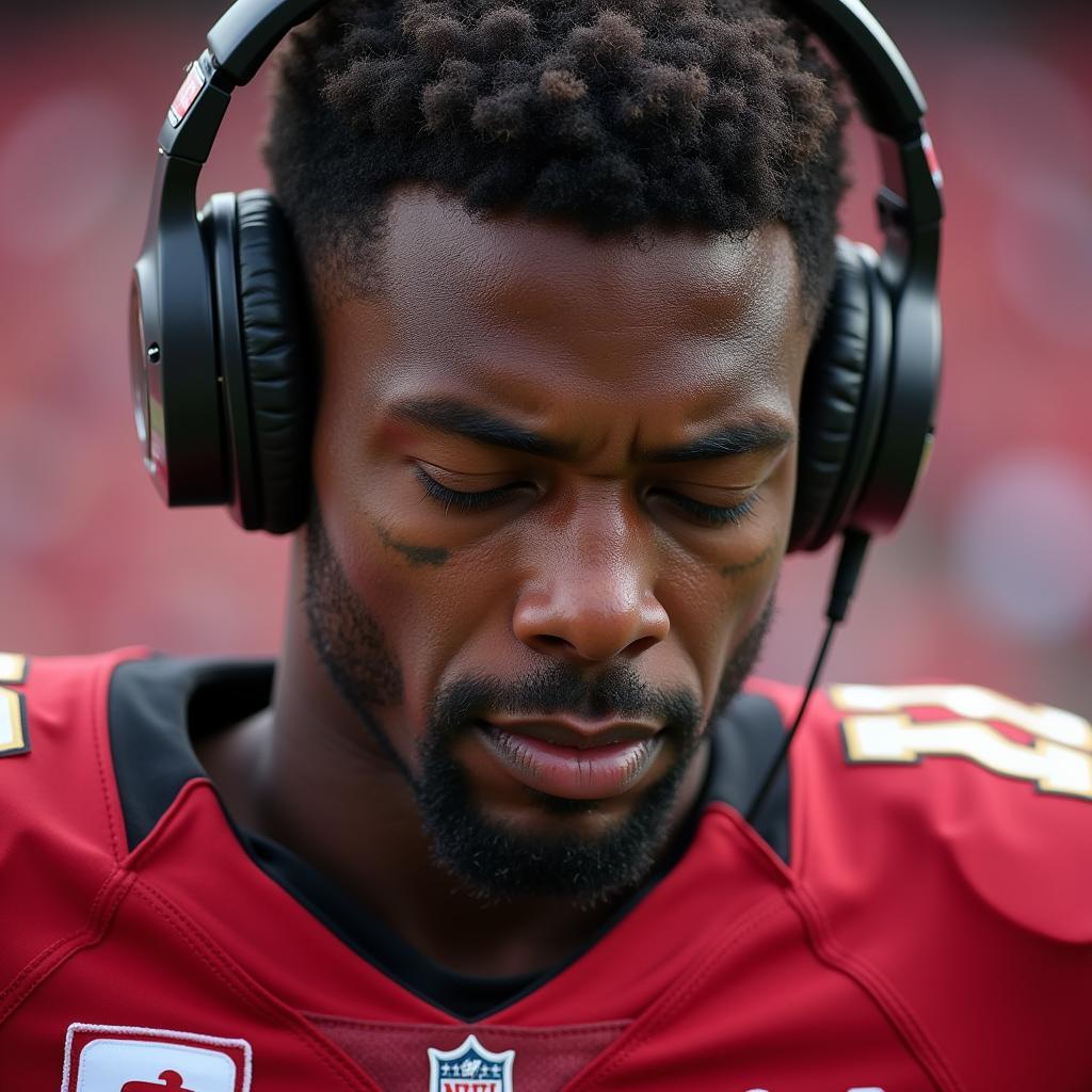 Footballer listening to music during pre-game ritual