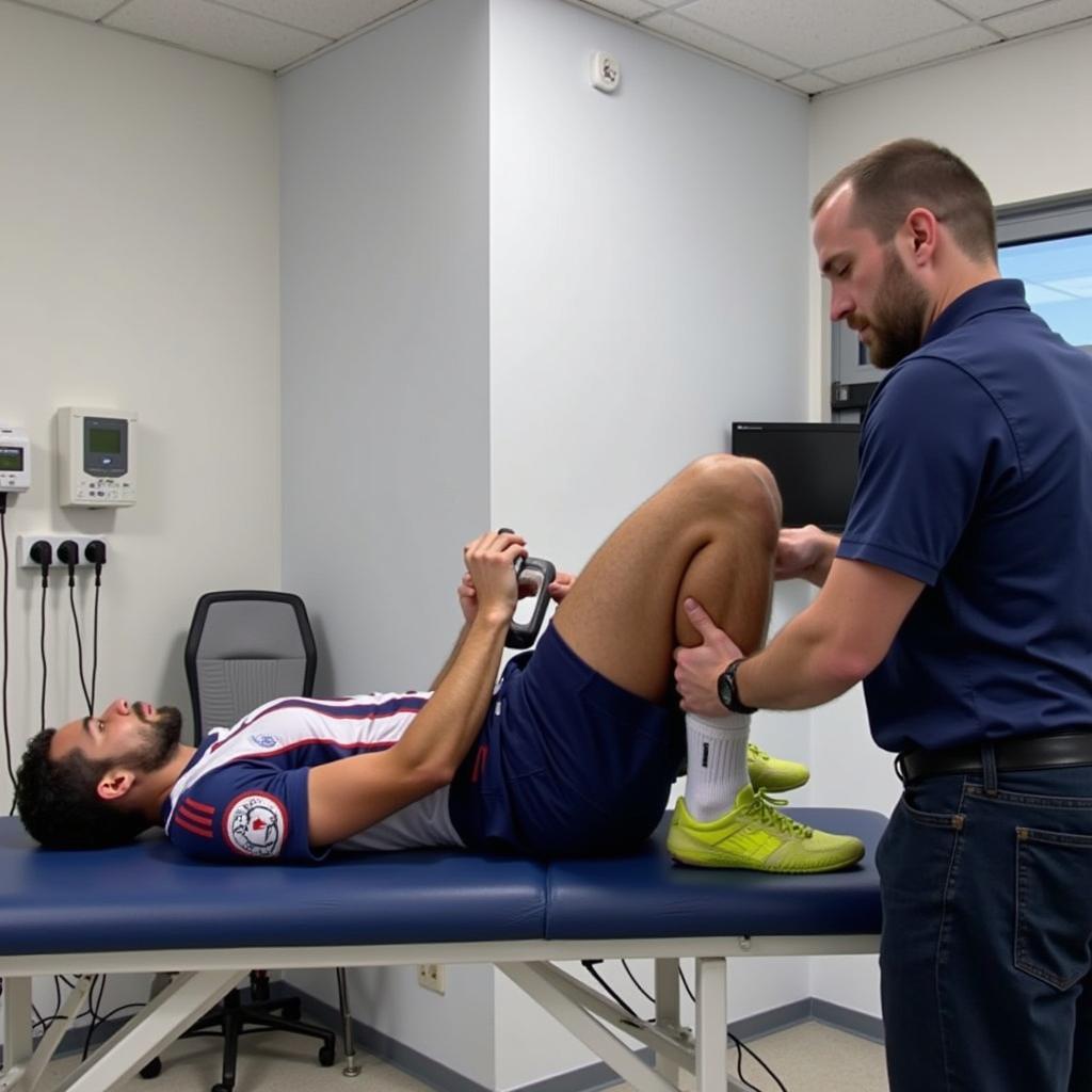 A footballer undergoing physiotherapy in a professional setting