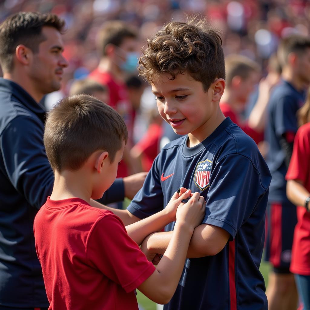 Young fan getting an autograph on a jersey