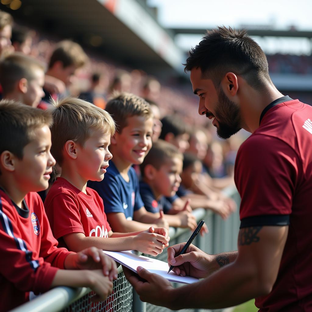 Football star interacts with fans, signing autographs