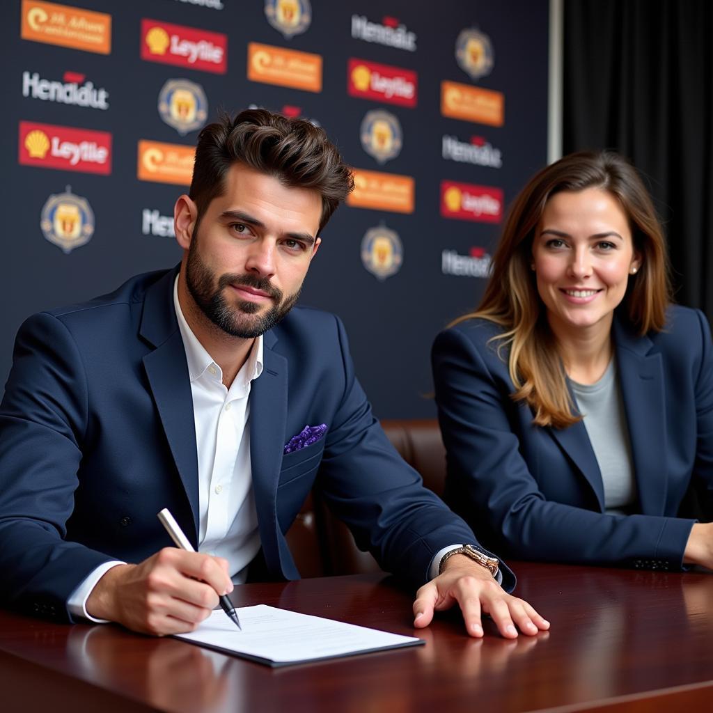 A football player signs a contract with club officials