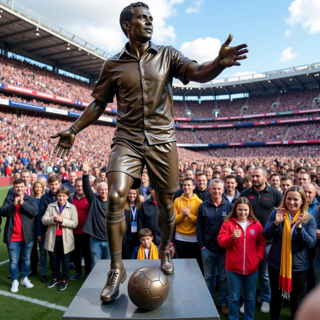 A bronze statue of a football player being unveiled in front of a cheering crowd.