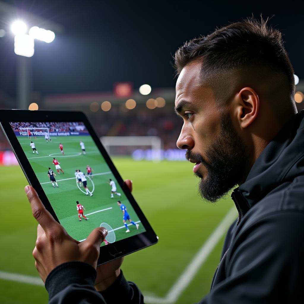 Football Player Analyzing Game Footage for Tactical Insights