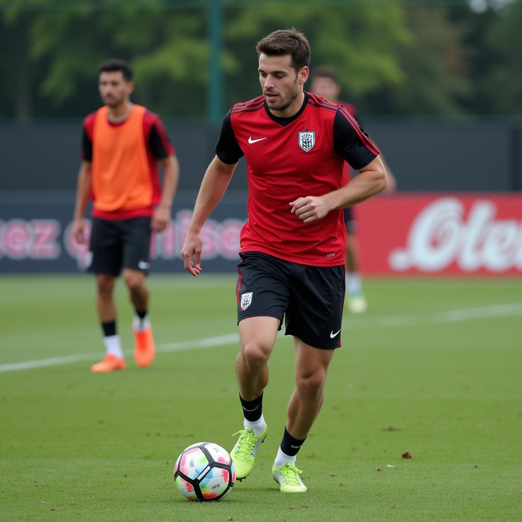 A lone footballer undergoing rigorous sprint training with a speed and agility coach.