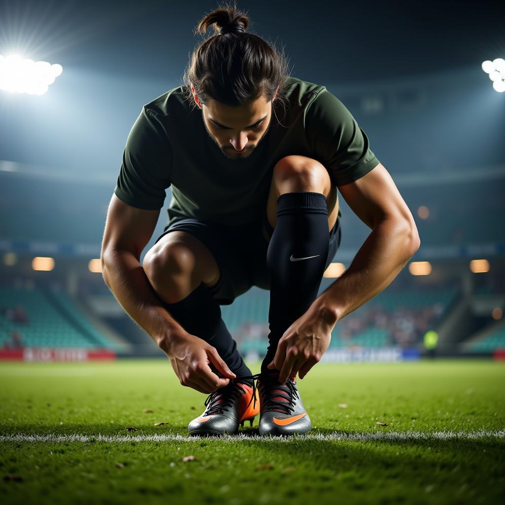 Football player tying his shoelaces