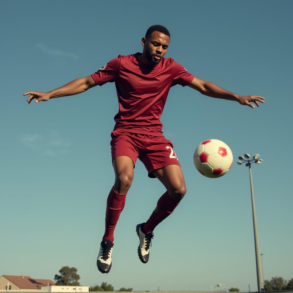 Football player executing a powerful vertical jump