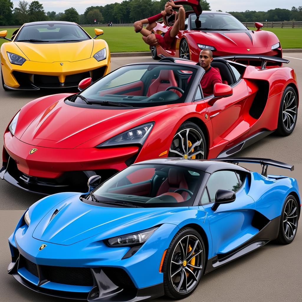 Several famous football players driving their supercars.