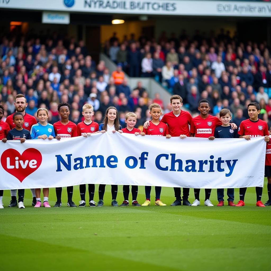 Football players and children holding a banner supporting a children's charity