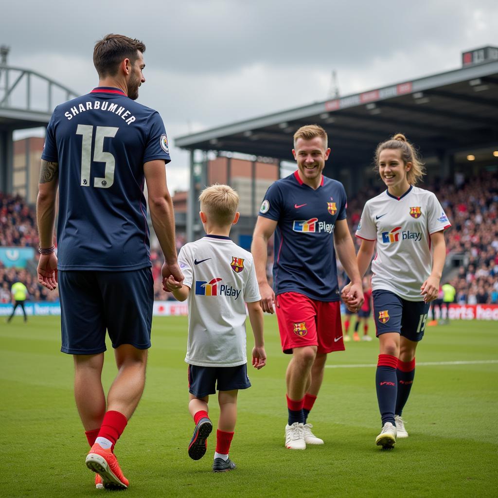 Football players walking out with kids, promoting fair play.