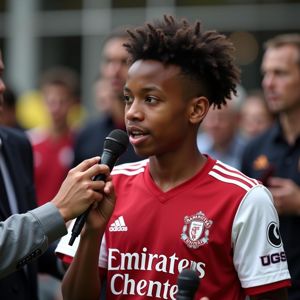 Young football star giving a post-match interview