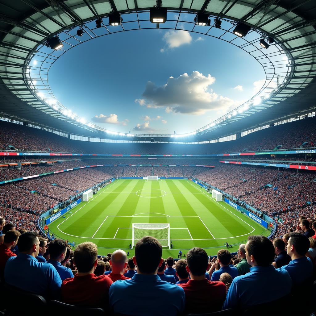 A panoramic view of a packed football stadium with fans cheering enthusiastically during a match.