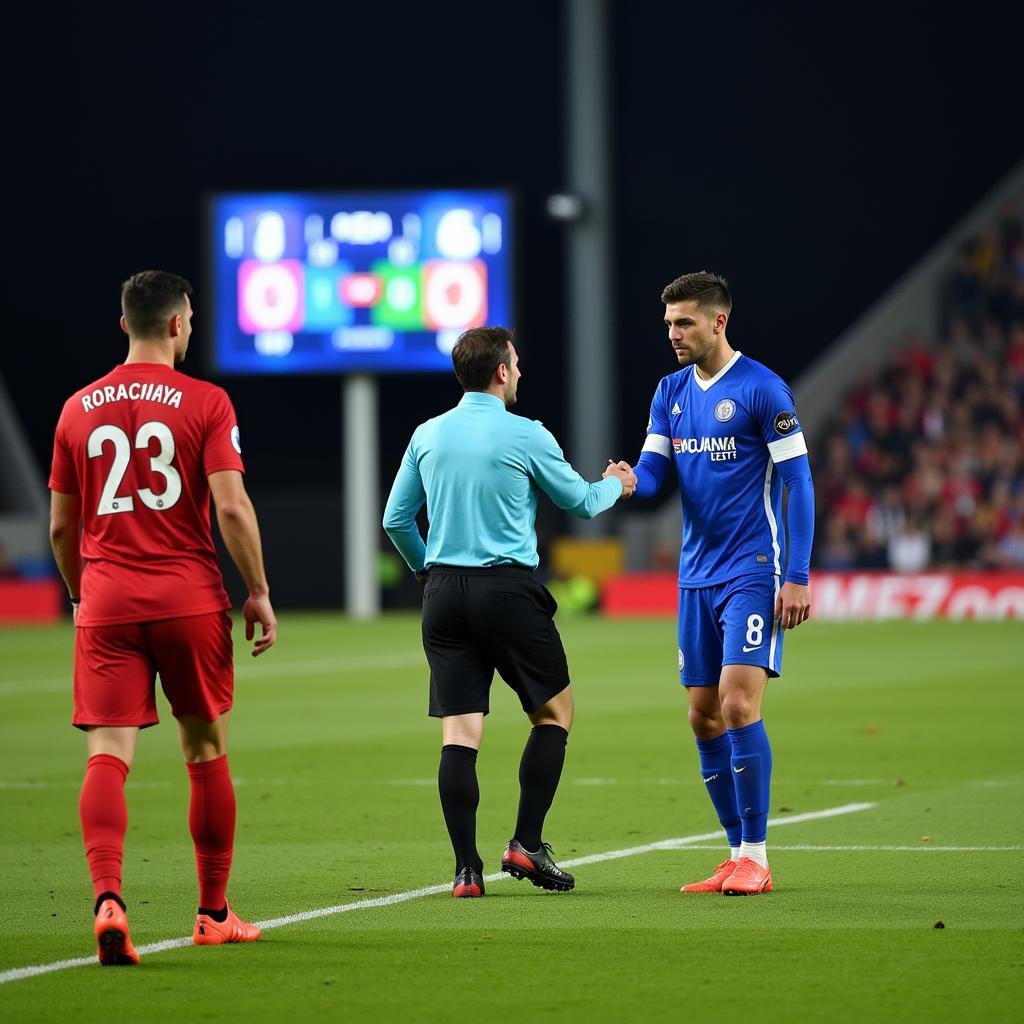 A football substitution taking place during a match