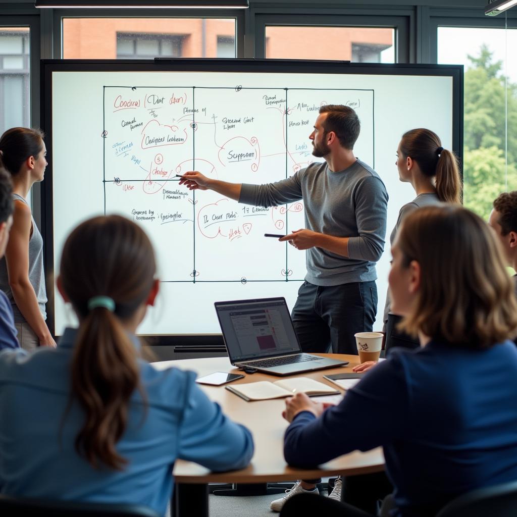 Football manager explaining tactics on a whiteboard to players