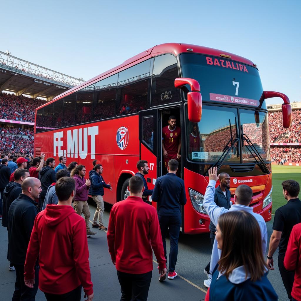 Football team arriving at the stadium in a team bus