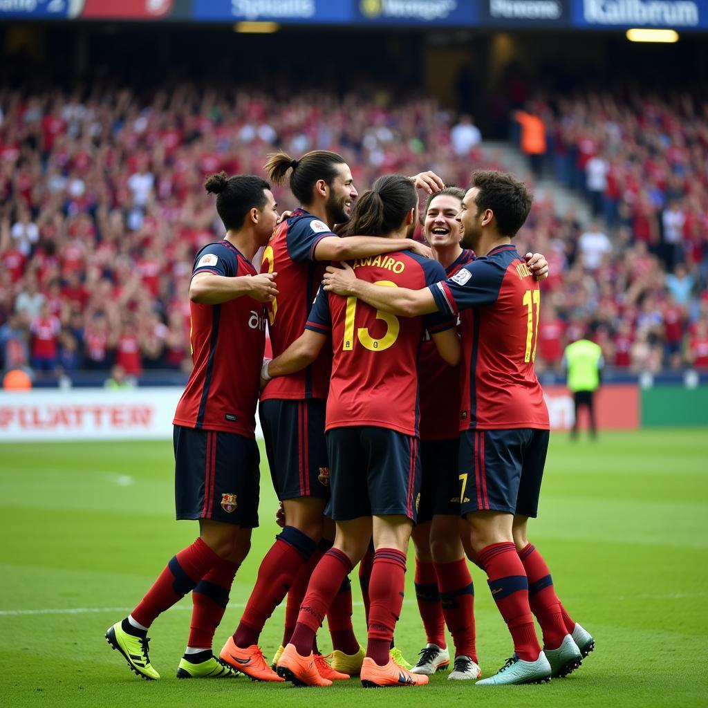 Football team celebrating a goal with ecstatic fans in the background