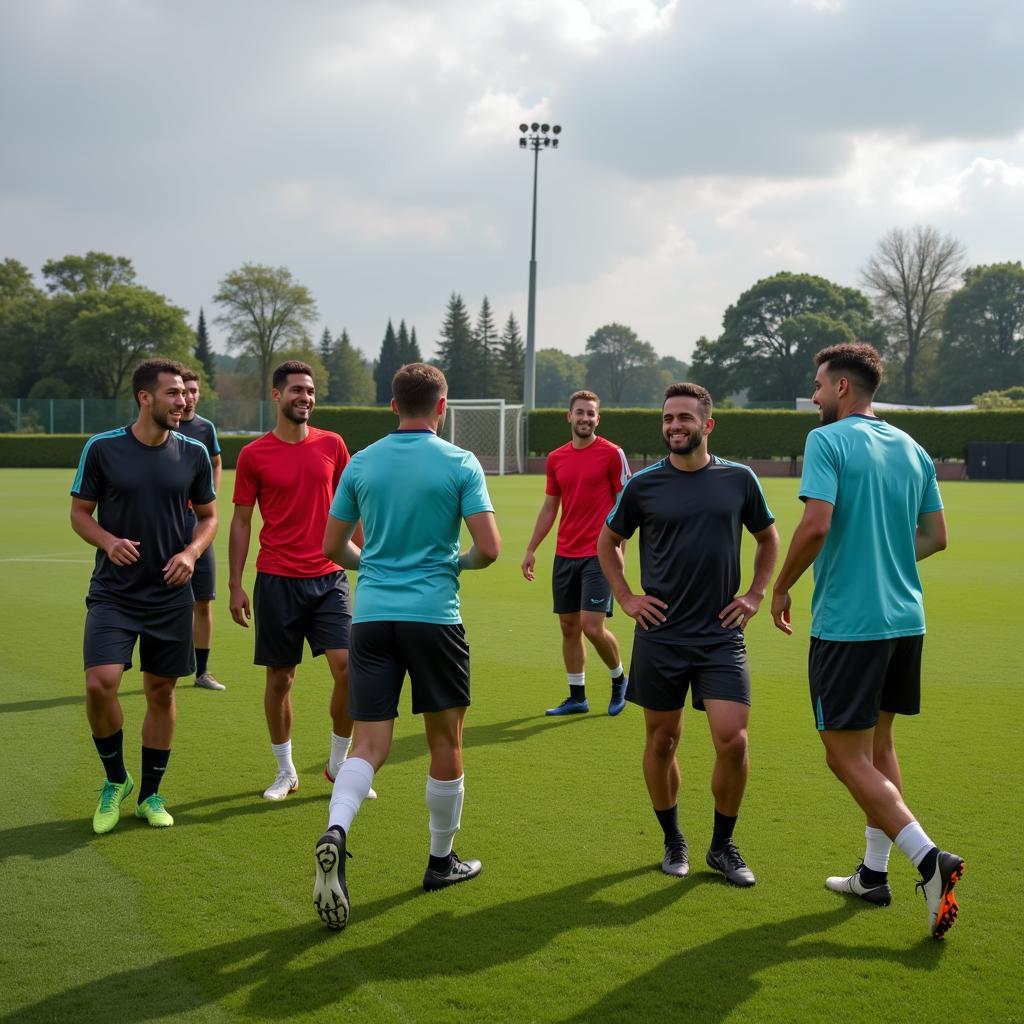 Football players train together during a practice session