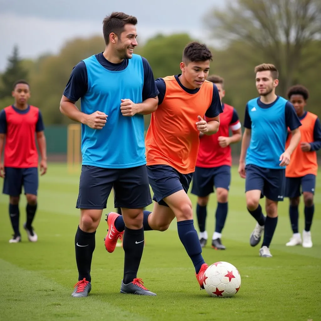 Young Athletes Training with Football Coach