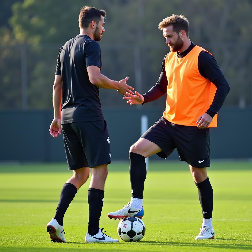 Footballer training with a personal trainer on the pitch