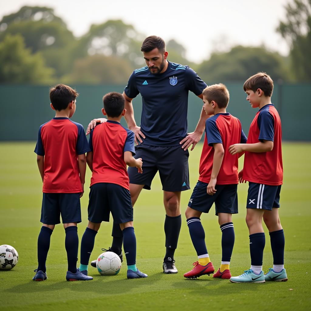 A coach guiding young players during a football training session