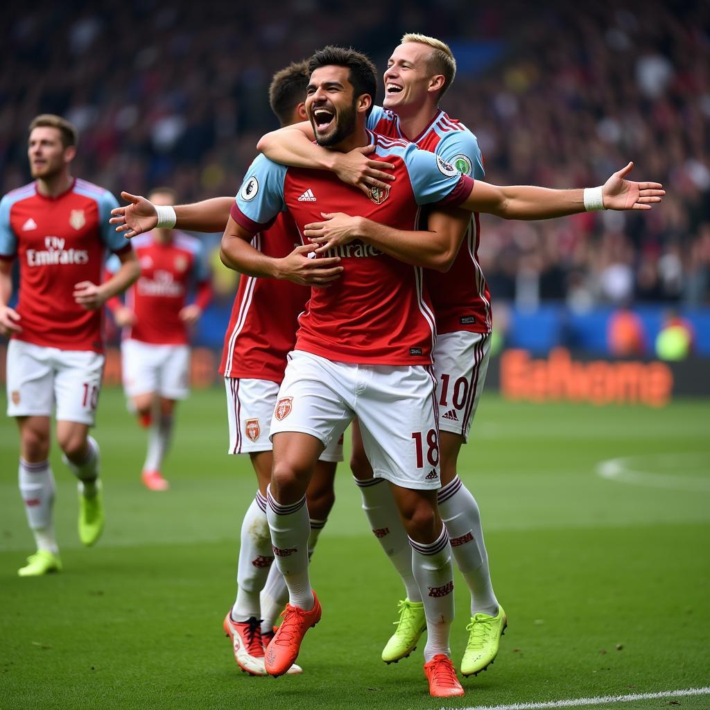 A footballer celebrates a goal with his teammates, pure joy on his face