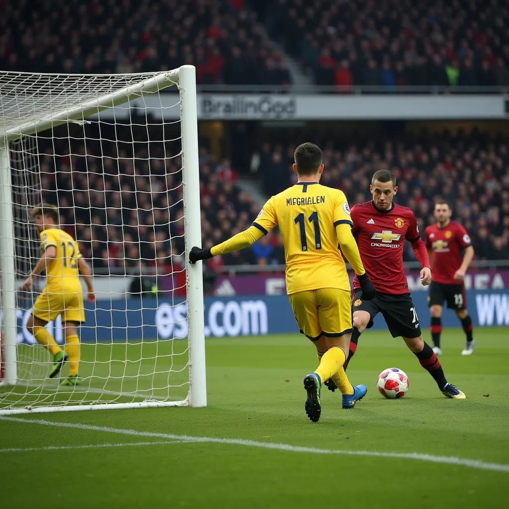 A footballer skillfully curls a free kick over a defensive wall