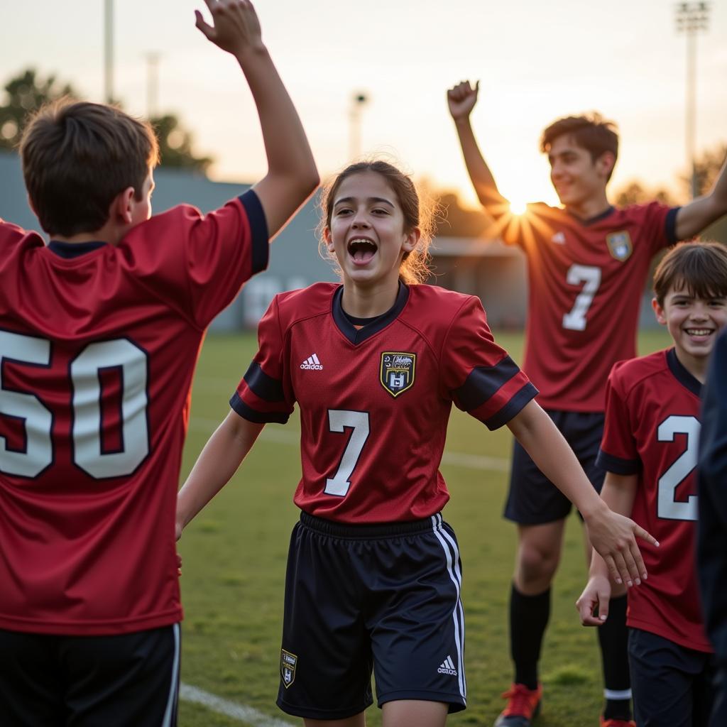 Youth football team celebrates victory