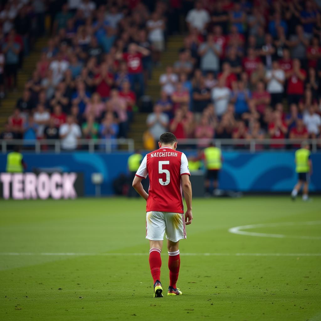 A football player with his head in his hands, surrounded by a jeering crowd.