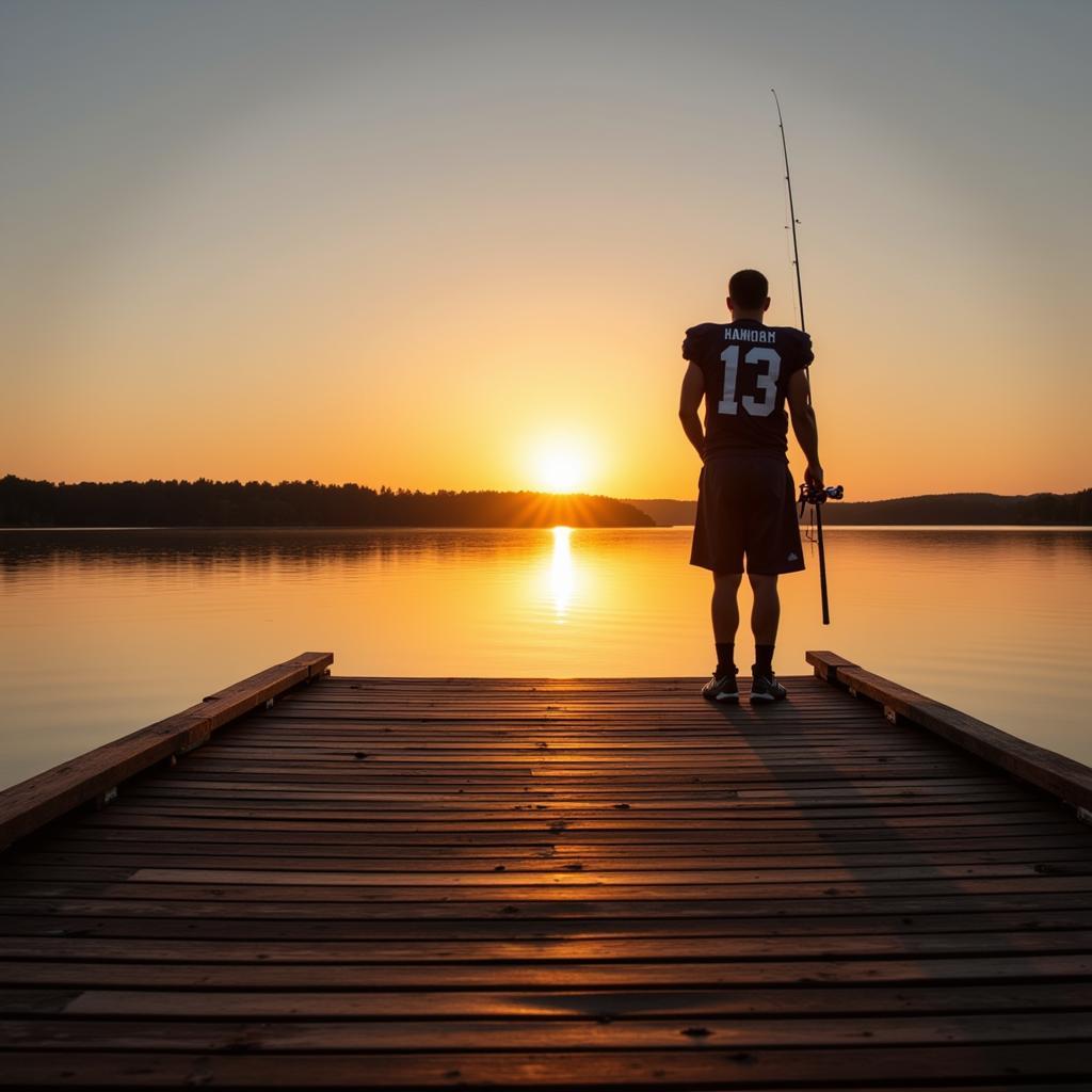 Footballer Fishing on a Serene Lake