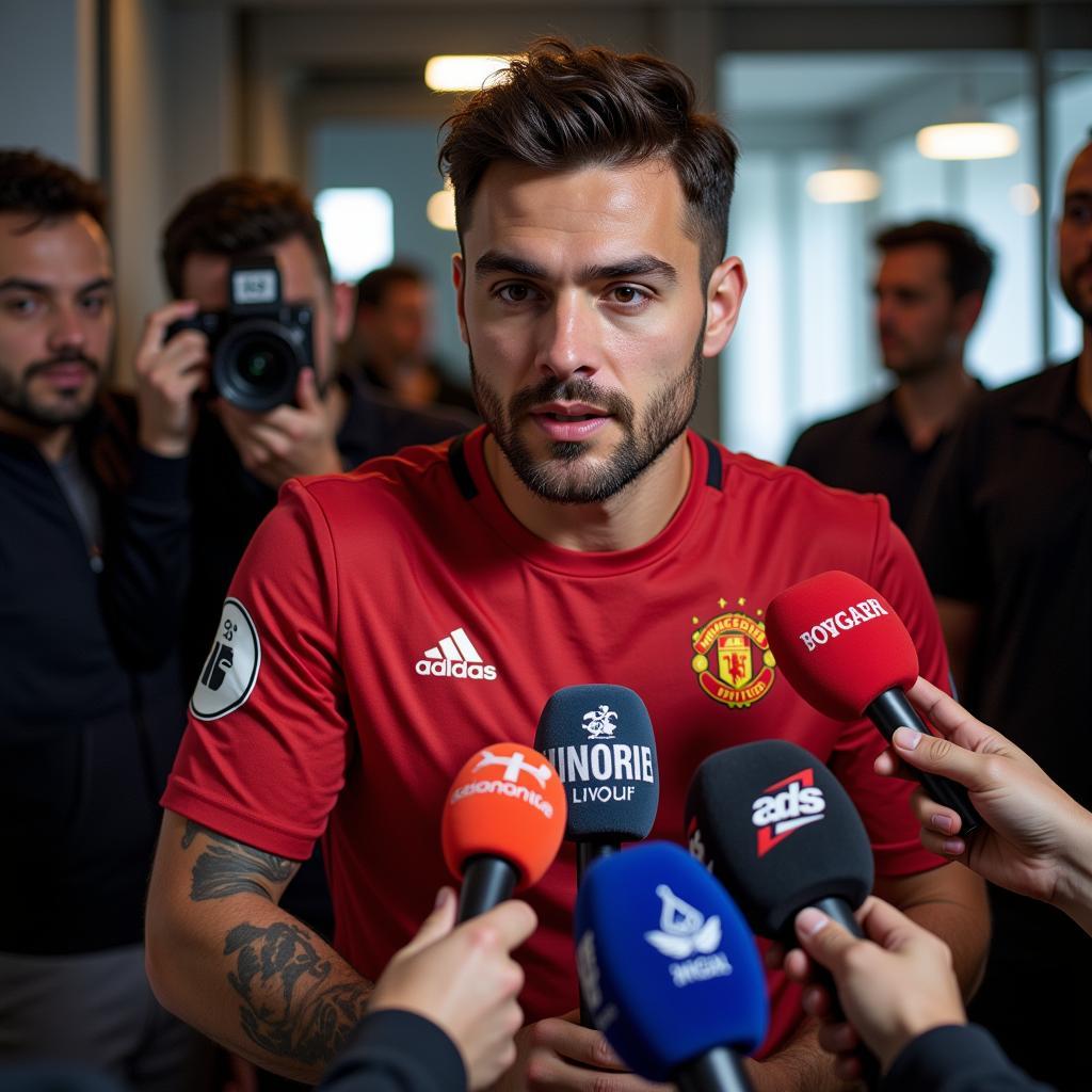 Footballer giving an interview with microphones and cameras in the background