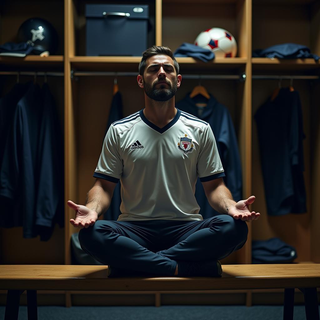 Image of a footballer meditating in the locker room