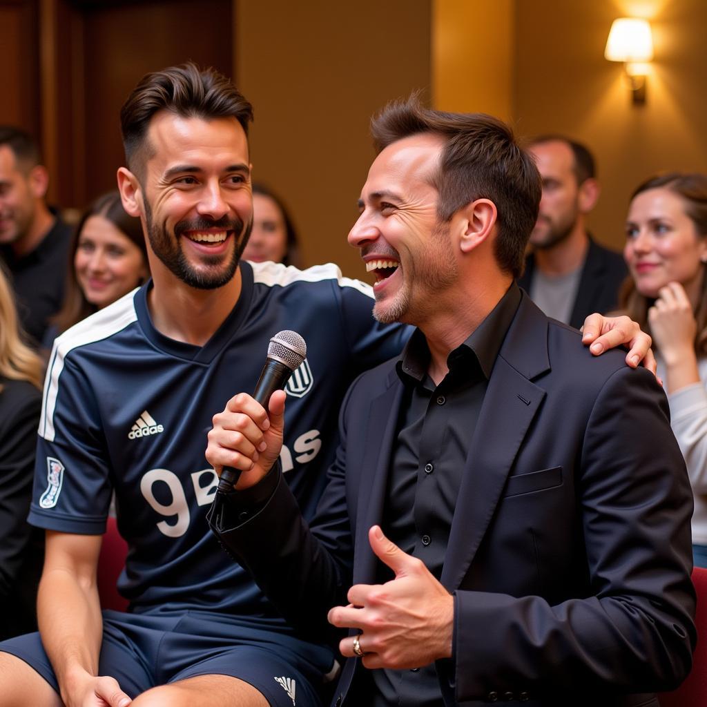 A footballer shares a laugh with a comedian during a charity event