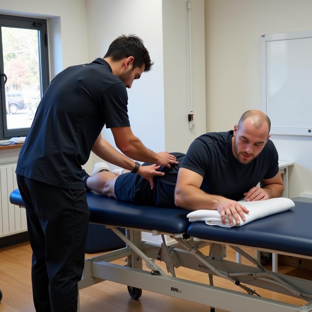 Football player receiving physiotherapy treatment