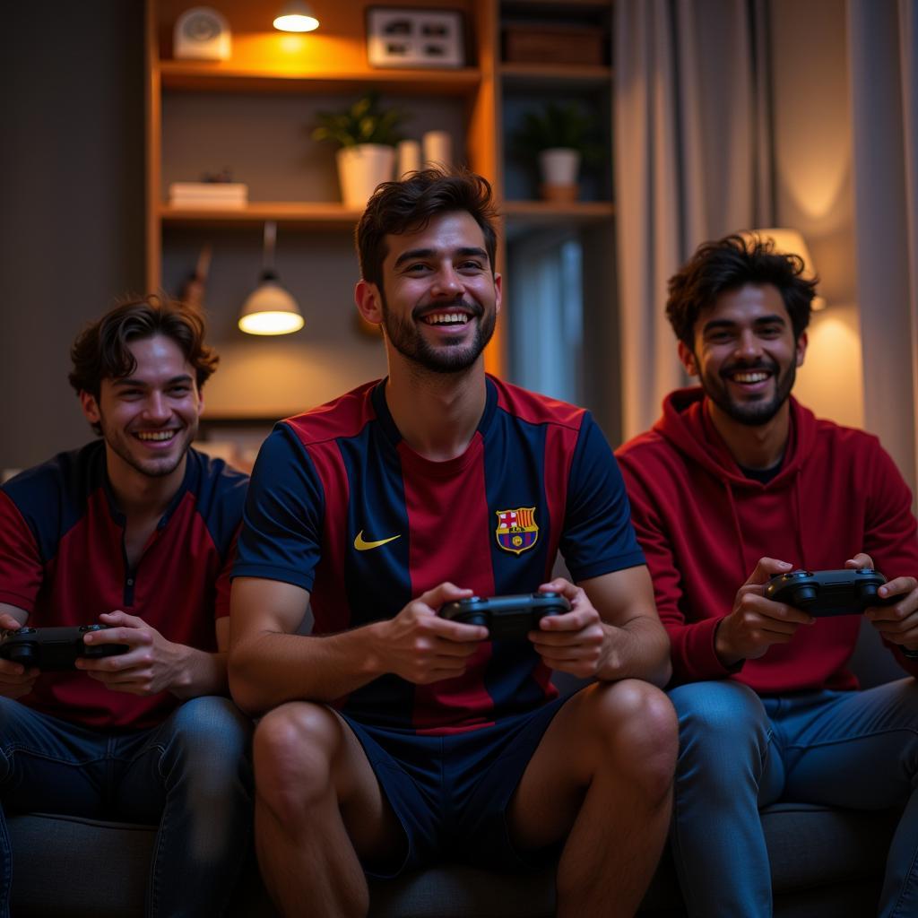 Footballer playing video games with friends