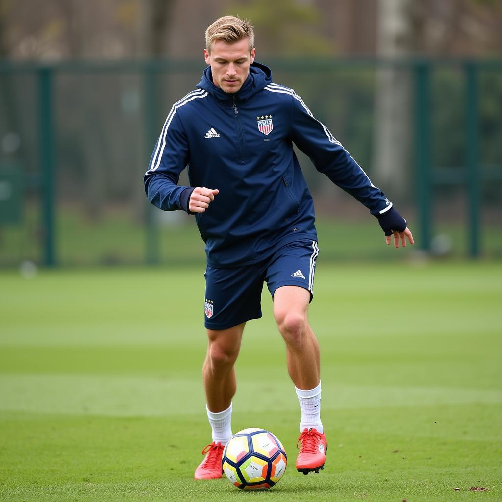 Footballer practicing drills