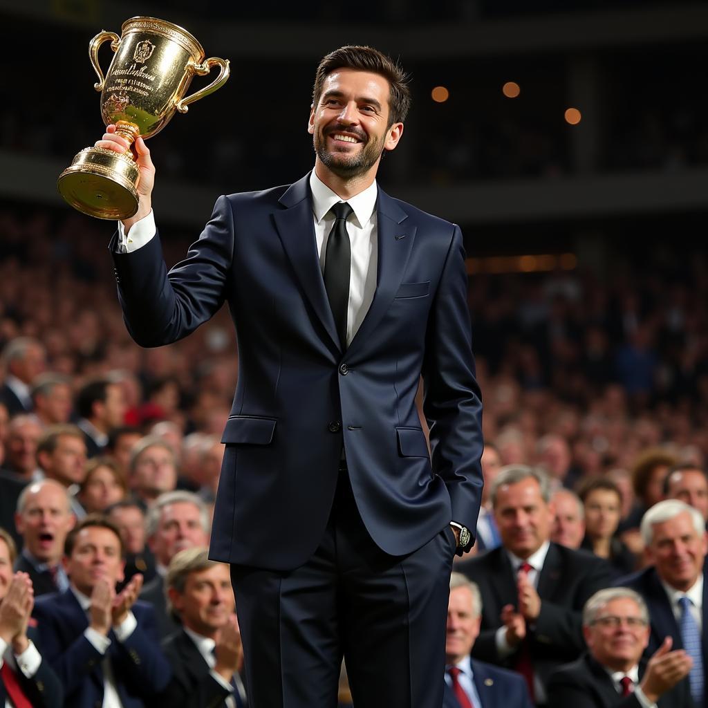 A footballer standing on a stage, receiving a golden trophy with a proud expression