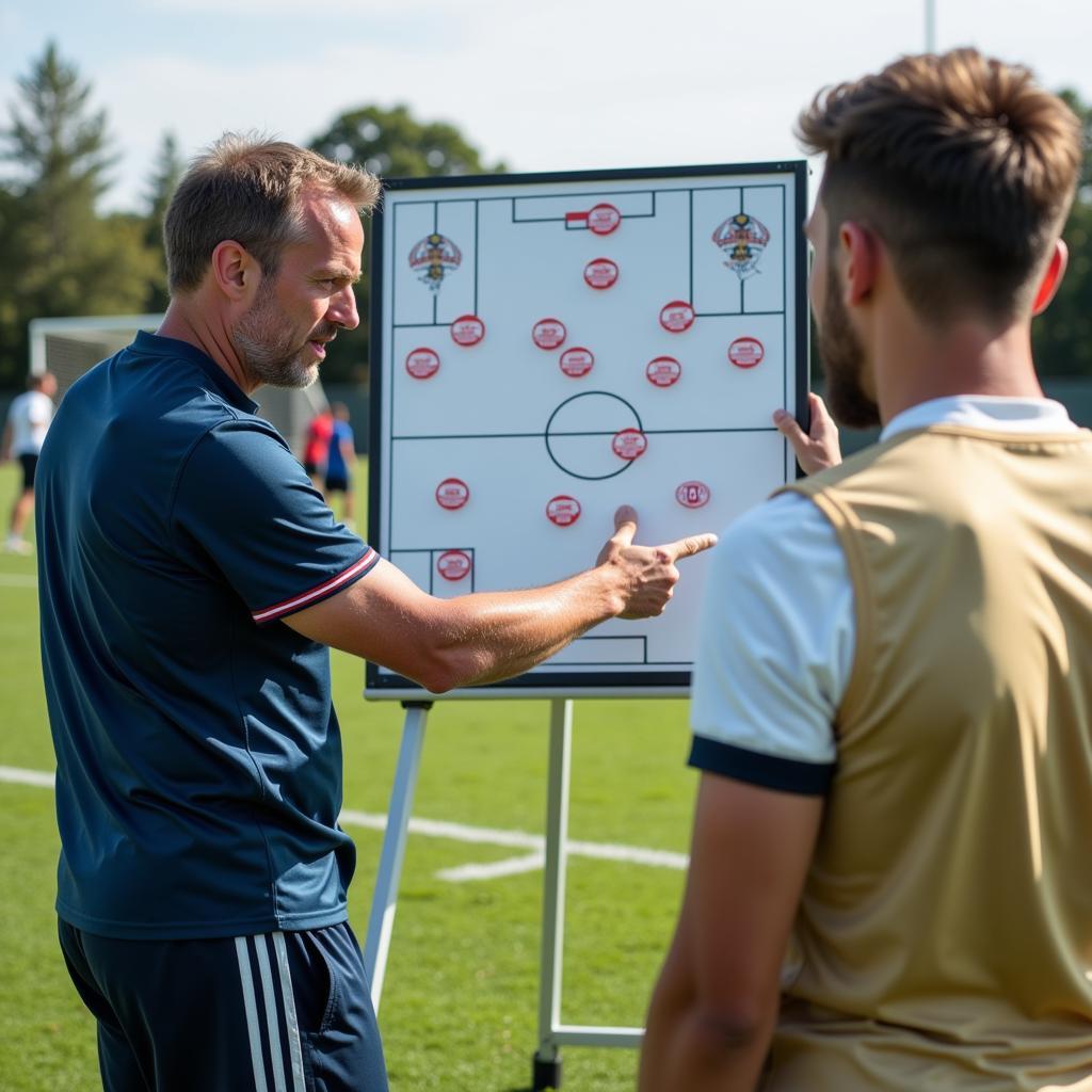 Coach and player discuss tactics on the field.