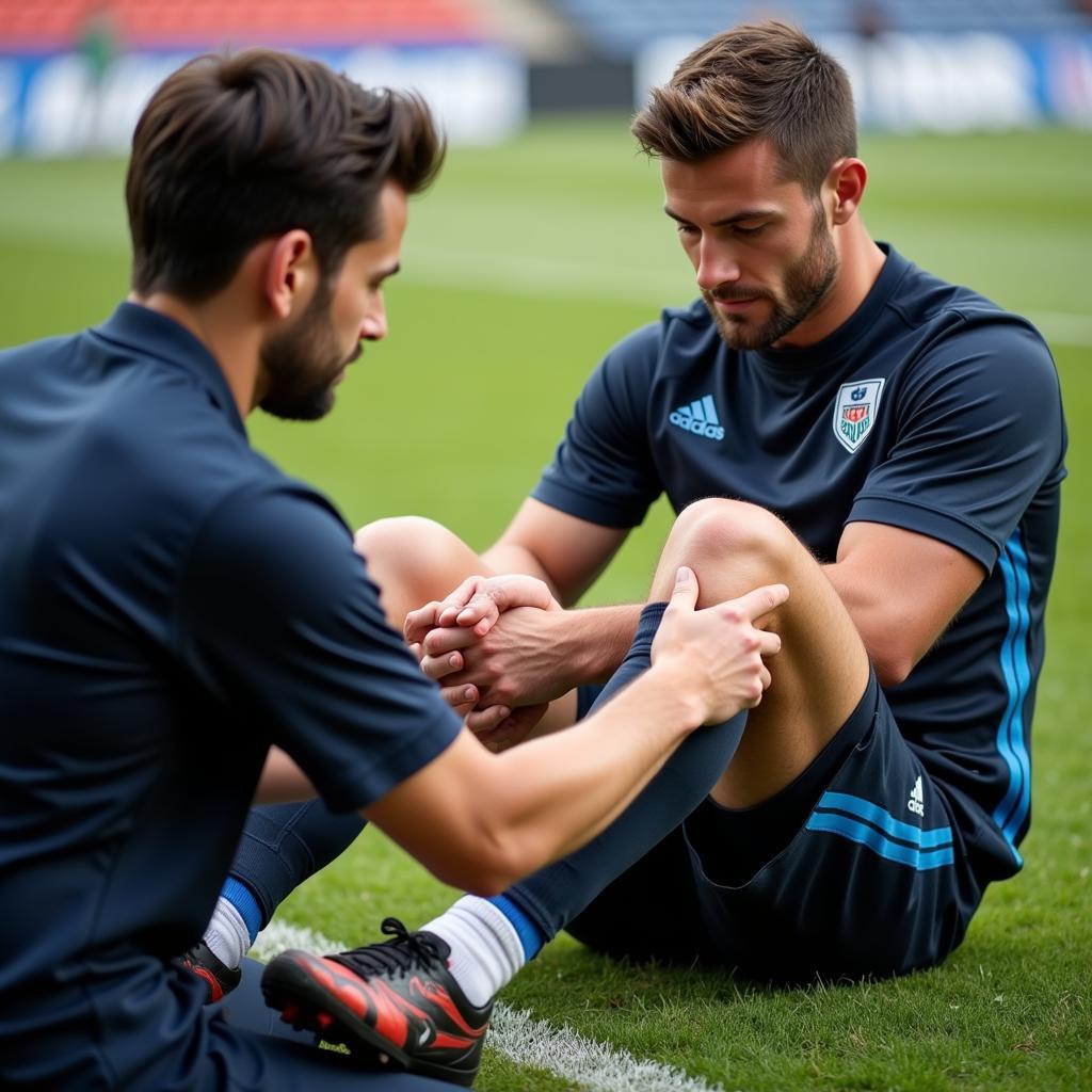 Footballer receiving treatment on leg