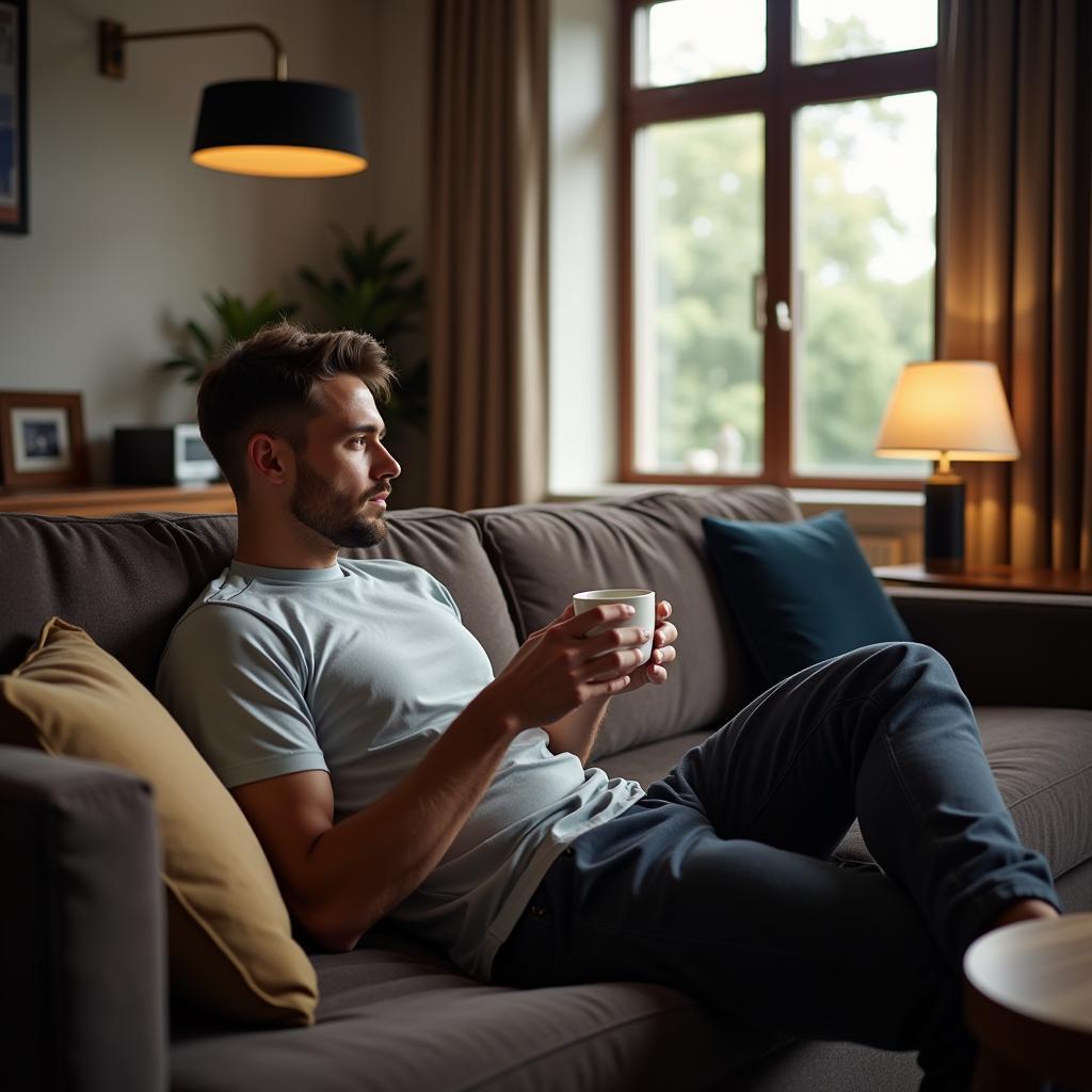 Footballer relaxing at home