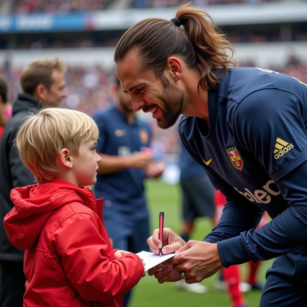 Footballer Signing Autograph for Young Fan