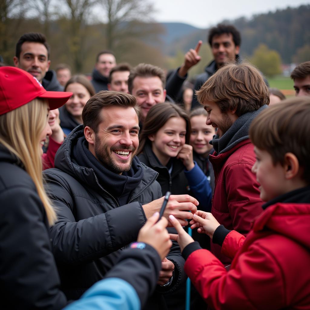 A footballer surrounded by fans, signing autographs and taking pictures