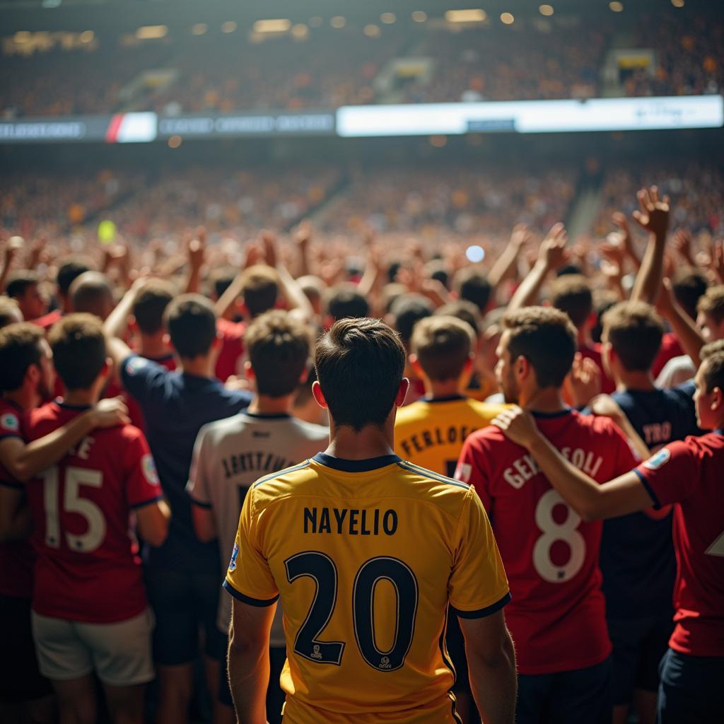 Surrounded by fans, a footballer signs autographs, a tired smile on his face.